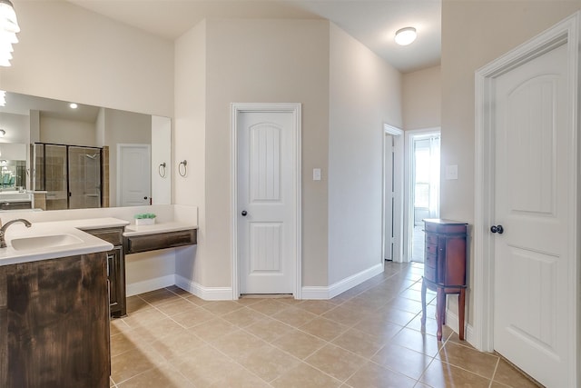 bathroom with tile patterned flooring, vanity, and an enclosed shower