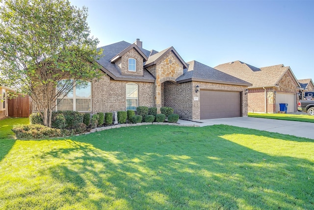 view of front of property with a garage and a front lawn