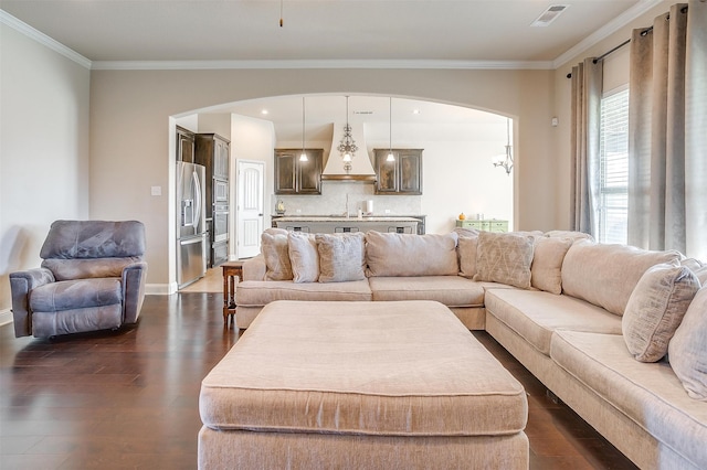 living room featuring sink, crown molding, and dark hardwood / wood-style flooring