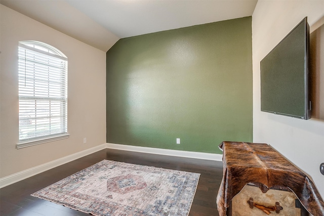 interior space with vaulted ceiling and dark hardwood / wood-style flooring