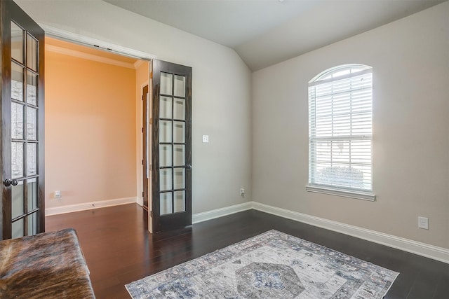 empty room featuring french doors, lofted ceiling, plenty of natural light, and dark hardwood / wood-style flooring