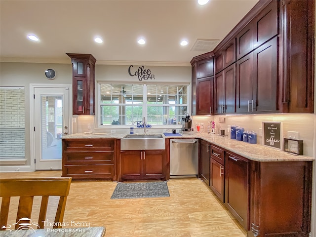 kitchen featuring light hardwood / wood-style floors, sink, backsplash, ornamental molding, and stainless steel dishwasher