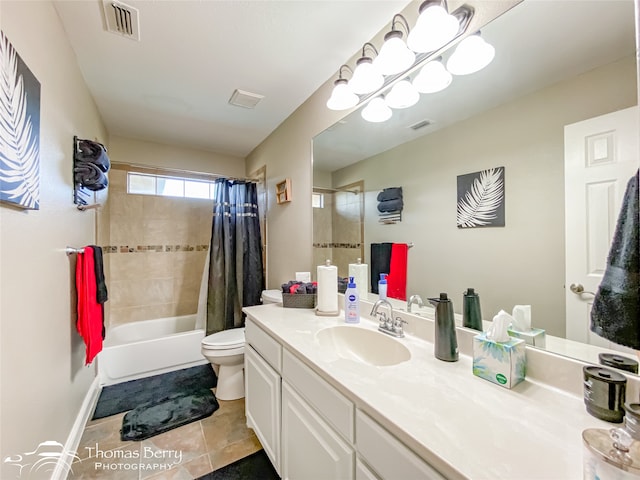 full bathroom featuring vanity, toilet, and shower / bathtub combination with curtain