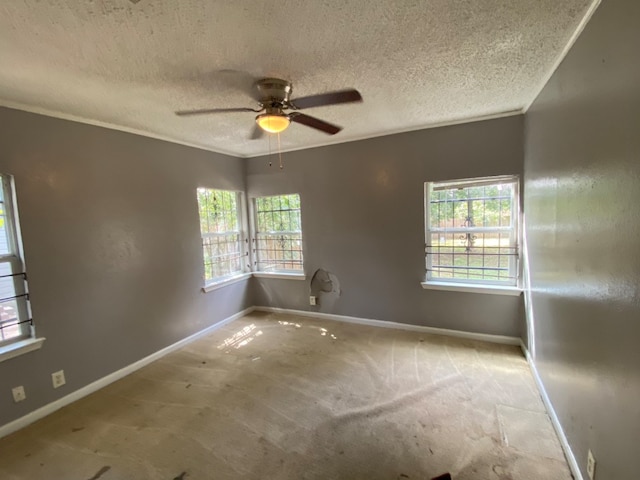 carpeted spare room featuring ornamental molding, ceiling fan, and a textured ceiling