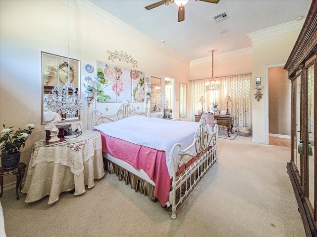 bedroom with ceiling fan with notable chandelier, carpet, and crown molding