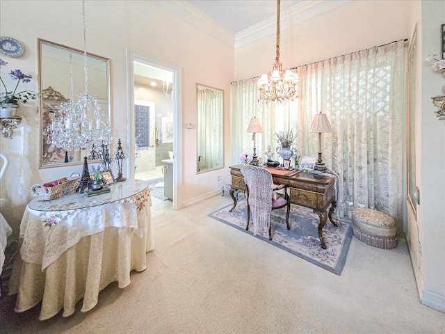 office featuring carpet floors, a chandelier, and plenty of natural light