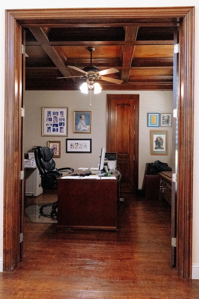 office space featuring beamed ceiling, coffered ceiling, dark hardwood / wood-style floors, and ceiling fan