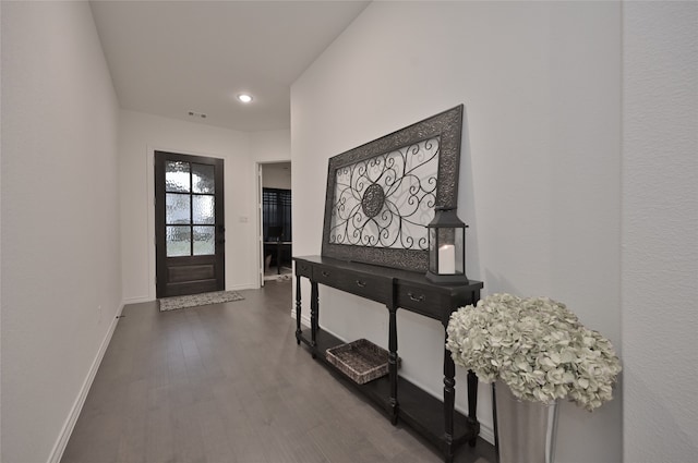 foyer entrance featuring dark hardwood / wood-style floors