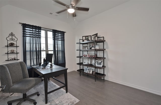 office area with ceiling fan and dark hardwood / wood-style flooring