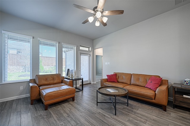 living room featuring ceiling fan and hardwood / wood-style flooring