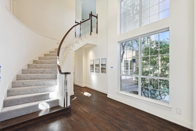 entrance foyer featuring a towering ceiling and dark hardwood / wood-style floors