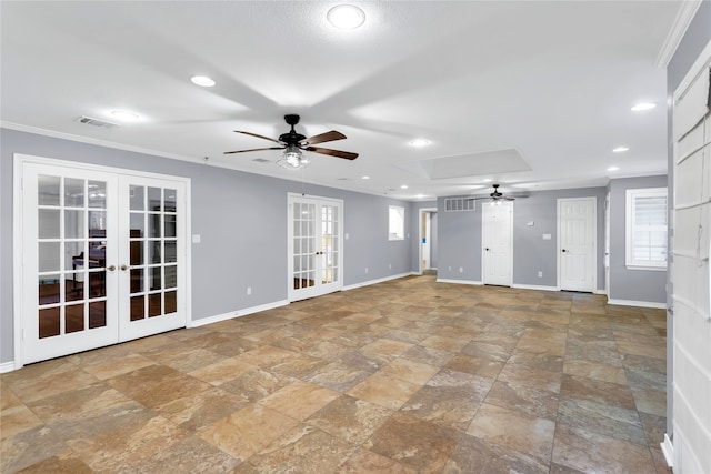 unfurnished living room with ceiling fan, french doors, and crown molding