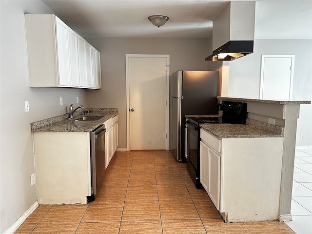 kitchen featuring white cabinets, black range with electric cooktop, sink, and range hood