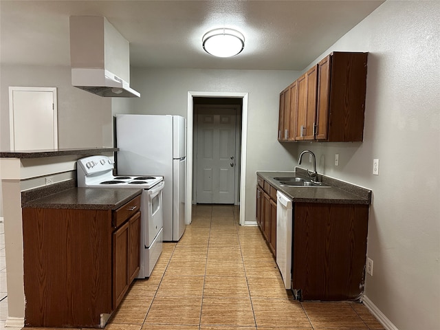 kitchen featuring a textured ceiling, sink, wall chimney exhaust hood, white appliances, and light tile patterned floors