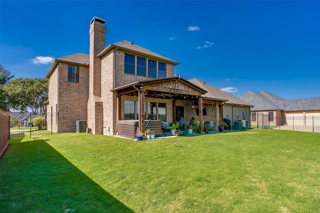 back of property with a lawn, a patio, central AC, an outdoor living space, and a pergola