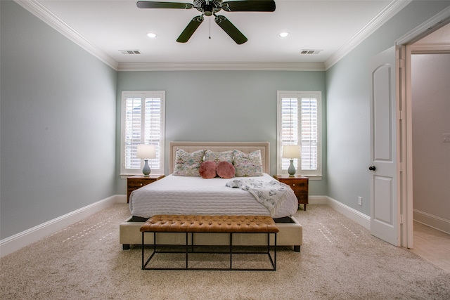 bedroom with ceiling fan, ornamental molding, and carpet