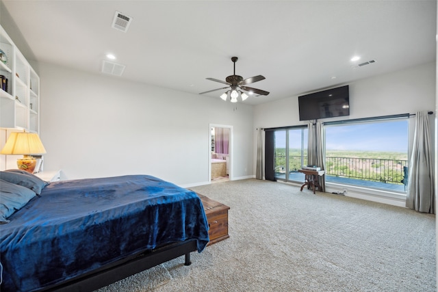 carpeted bedroom with connected bathroom and ceiling fan