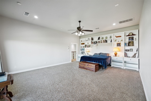 bedroom with ceiling fan and carpet floors