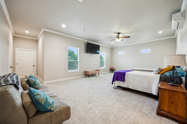 bedroom with ceiling fan, light colored carpet, ornamental molding, and an AC wall unit