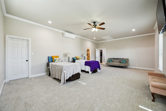 carpeted bedroom with ornamental molding, ceiling fan, and a wall mounted air conditioner