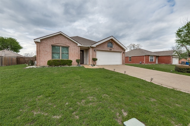 single story home with a front yard and a garage