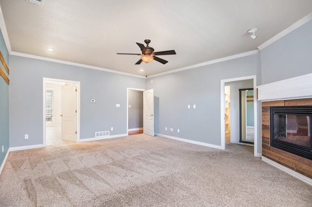 unfurnished living room with ceiling fan, light carpet, and crown molding