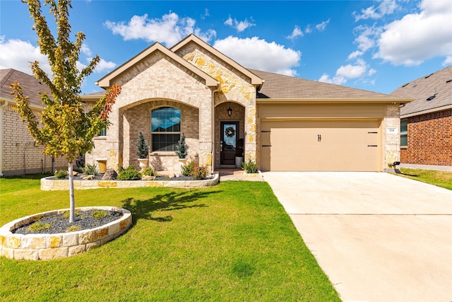 view of front of home featuring a garage and a front lawn