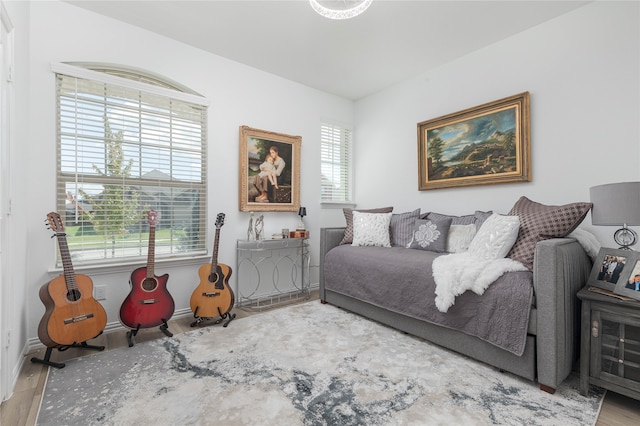 bedroom with hardwood / wood-style flooring and multiple windows