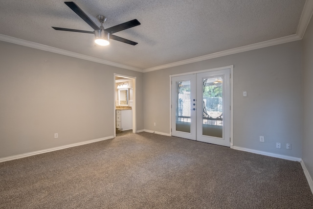 carpeted empty room featuring ceiling fan, crown molding, french doors, and a textured ceiling