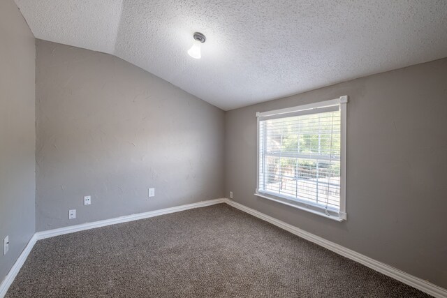 spare room featuring carpet flooring, a textured ceiling, and vaulted ceiling