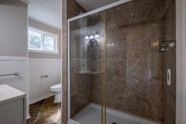 bathroom featuring vanity, a textured ceiling, toilet, and an enclosed shower