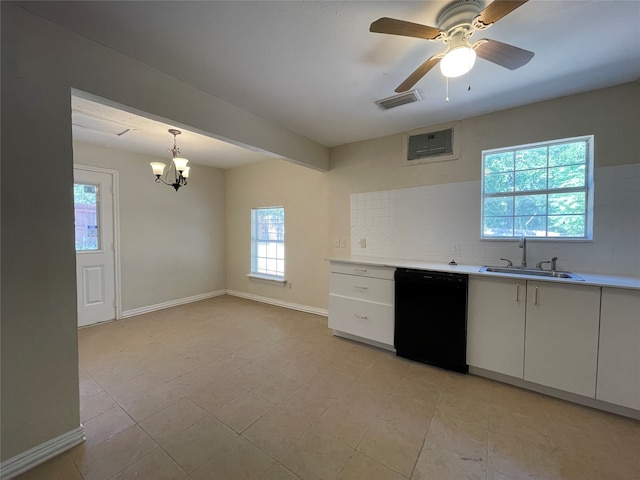 kitchen with sink, dishwasher, white cabinets, and plenty of natural light