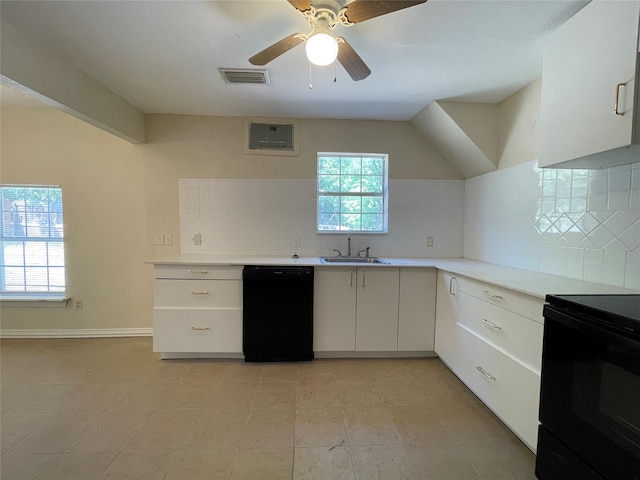 kitchen with ceiling fan, backsplash, white cabinetry, black appliances, and sink