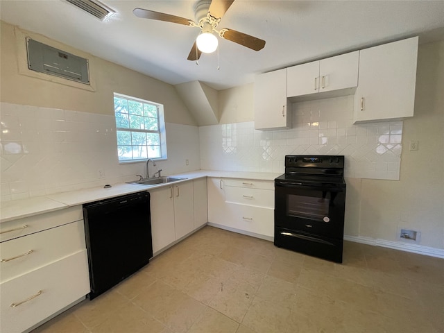 kitchen with black electric range, sink, backsplash, ceiling fan, and white cabinets