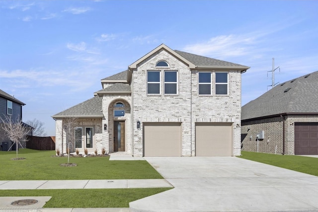 view of front of home featuring a garage and a front lawn