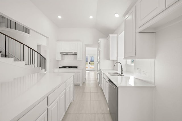 kitchen featuring white cabinetry, sink, stainless steel dishwasher, and backsplash