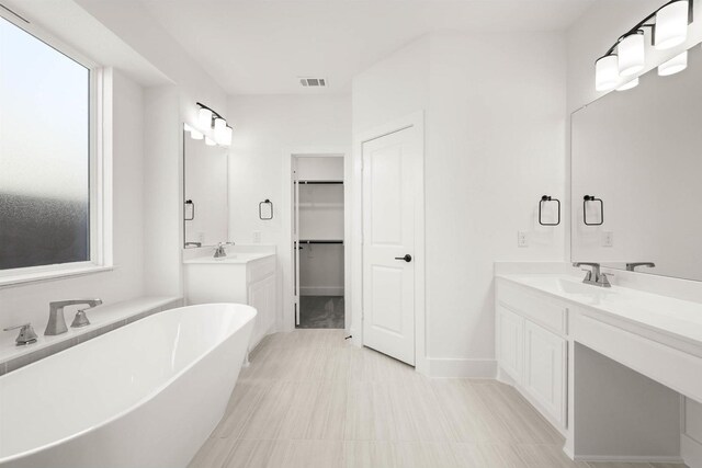 bathroom with vanity, plenty of natural light, and a washtub