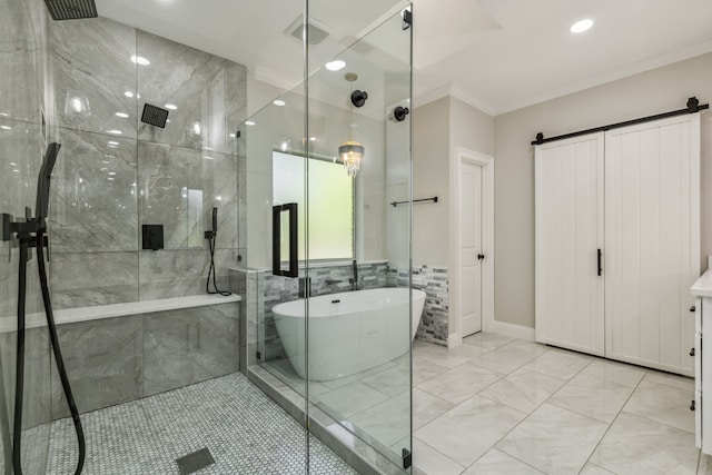 bathroom featuring crown molding, separate shower and tub, vanity, and tile walls