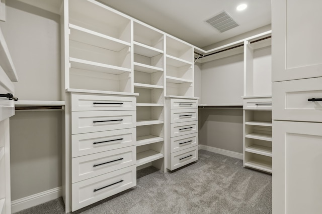 walk in closet with light carpet