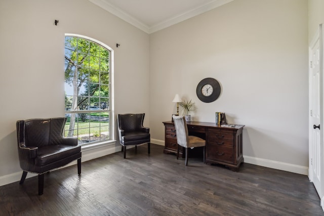 office space featuring crown molding, a wealth of natural light, and dark hardwood / wood-style floors