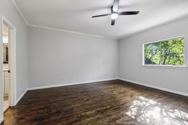 unfurnished room with ornamental molding, dark hardwood / wood-style flooring, and ceiling fan