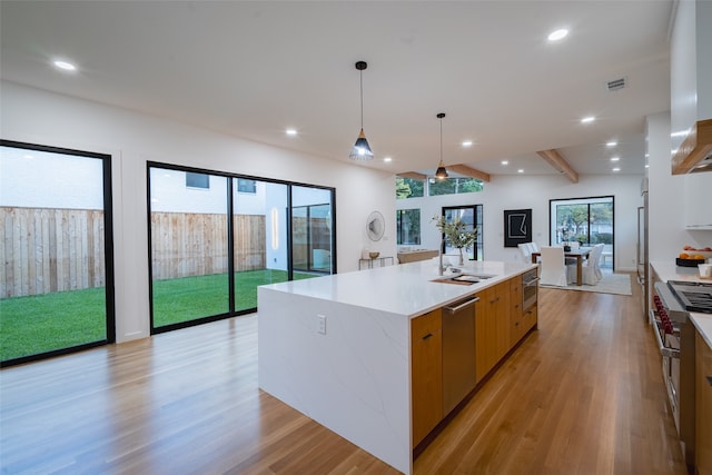 kitchen with a spacious island, hanging light fixtures, light hardwood / wood-style floors, and stainless steel appliances