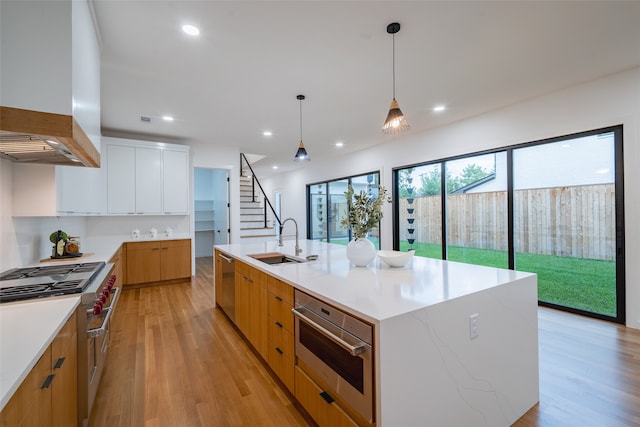 kitchen with light hardwood / wood-style floors, stainless steel appliances, white cabinets, sink, and a kitchen island with sink