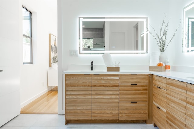 bathroom featuring vanity and hardwood / wood-style floors