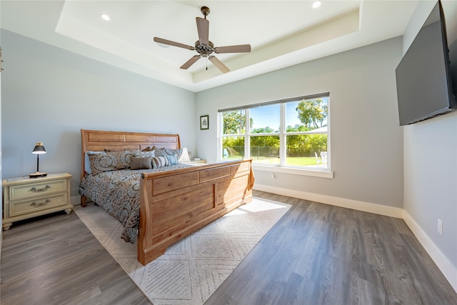 bedroom featuring a tray ceiling, ceiling fan, and dark hardwood / wood-style floors