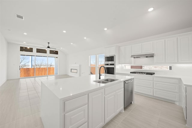 kitchen featuring white cabinetry, appliances with stainless steel finishes, sink, and a center island with sink