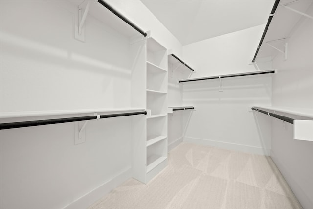 walk in closet with light carpet