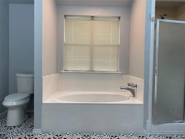 bathroom featuring tile patterned floors, toilet, and plus walk in shower