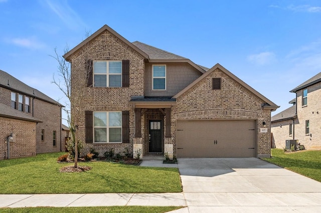view of front of house featuring cooling unit, concrete driveway, a front lawn, brick siding, and a garage