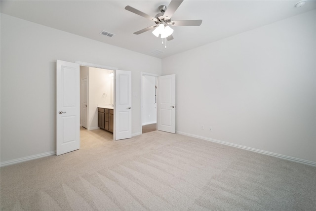 unfurnished bedroom with light carpet, baseboards, visible vents, and ceiling fan